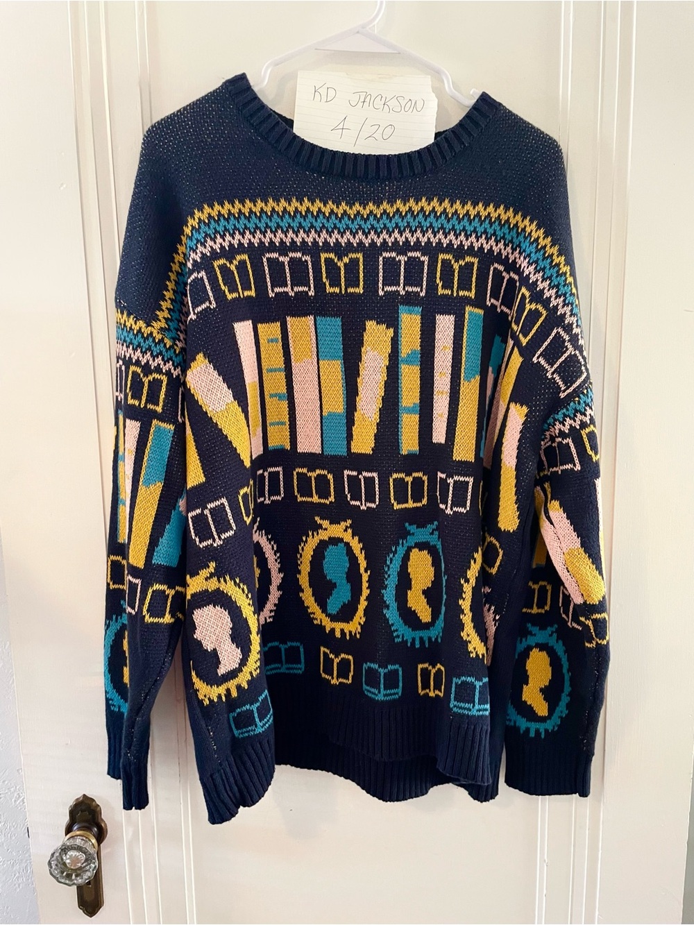 ModCloth Navy Pride and prejudice themed sweater books print